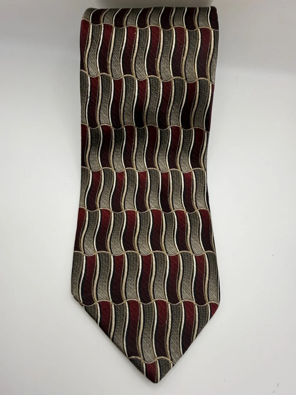 Pronto Uomo Burgundy and Gray Wave Pattern Tie with Gold Accent, 100% silk